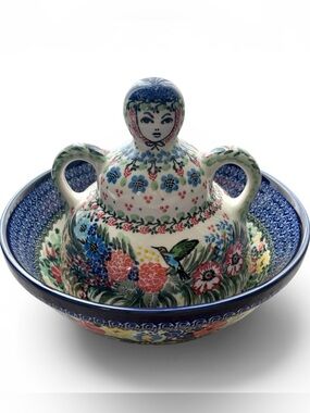 Polish Pottery Unikat Boleslawiec Cheese Dome Floral Butterfly Hummingbird